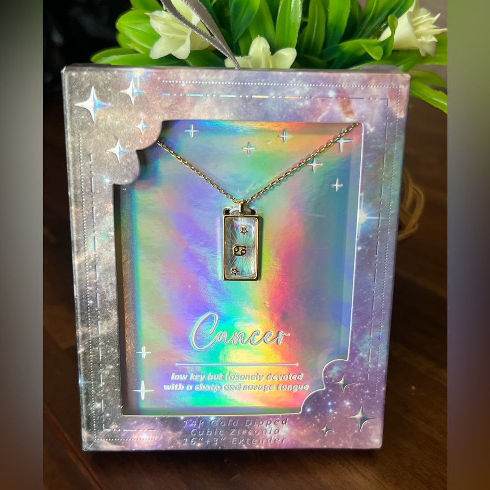 14K Gold Dipped Zodiac cancer Cubic Zirconia‎ Pierced Glass Necklace NWT